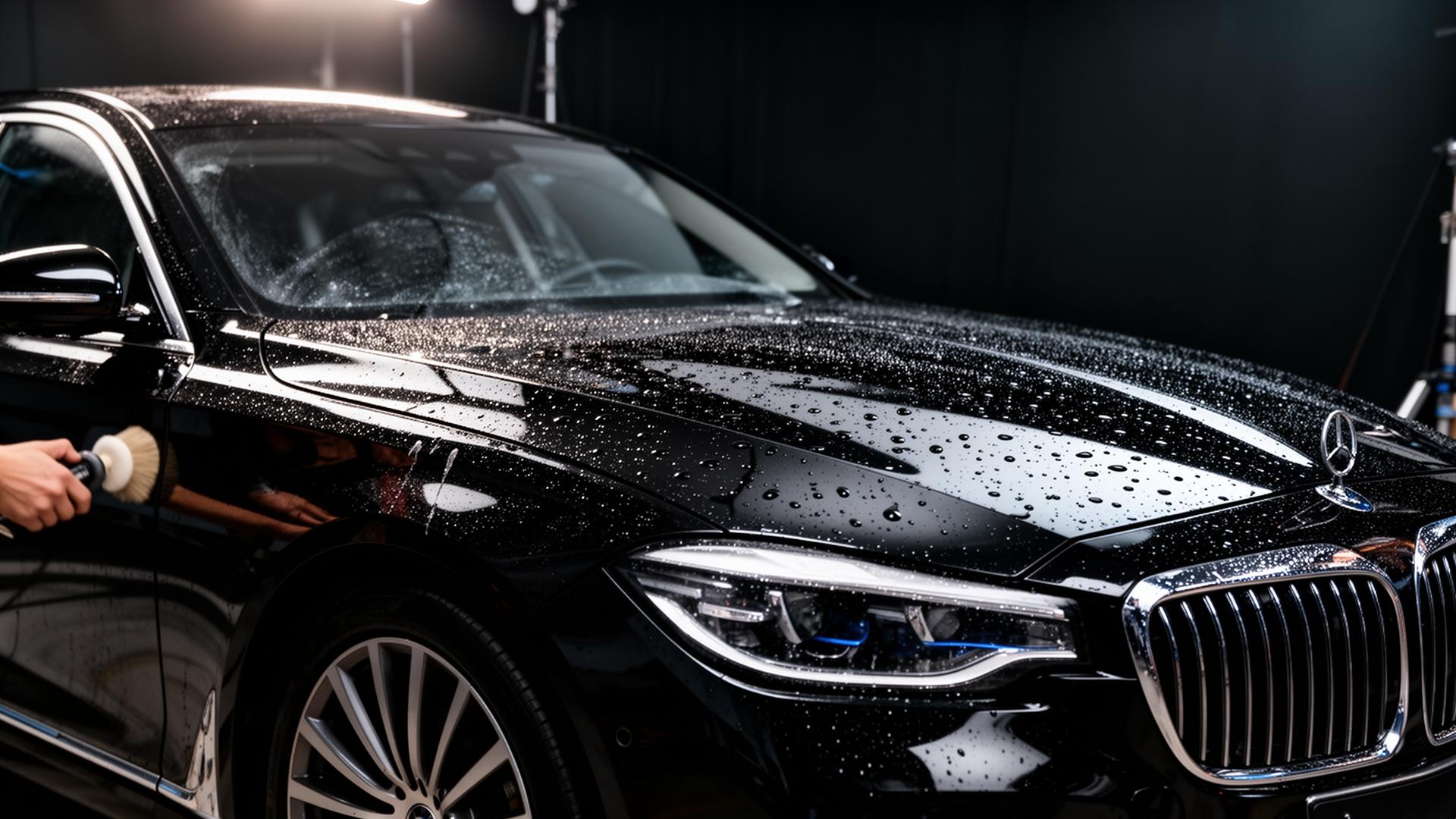 Professional auto detailer working on a glossy black luxury sedan